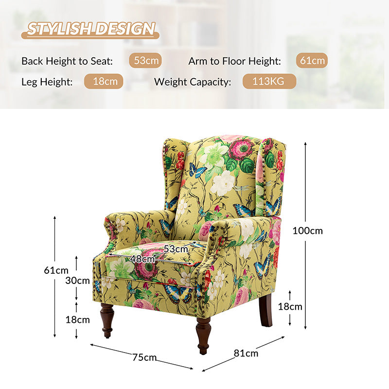 Sillón acentuado tapizado Matteo Floral con adornos de cabeza de clavo