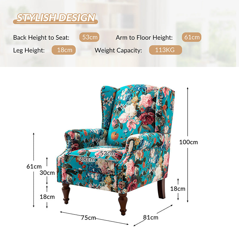 Sillón acentuado tapizado Matteo Floral con adornos de cabeza de clavo